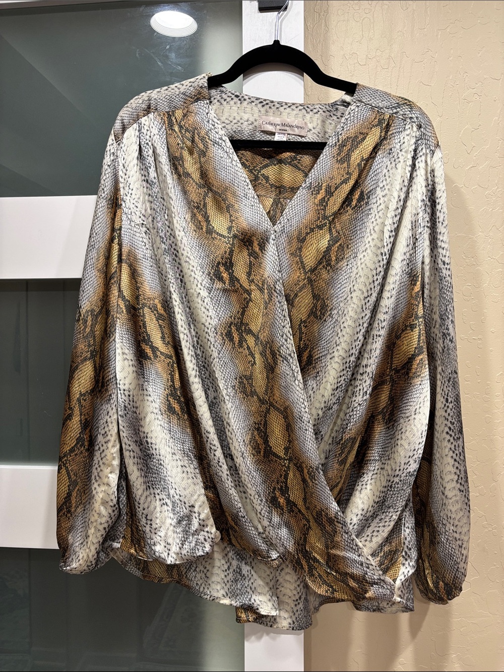 Catherine Malandrino Brown and Cream Snake-Print Draped V-Neck Blouse